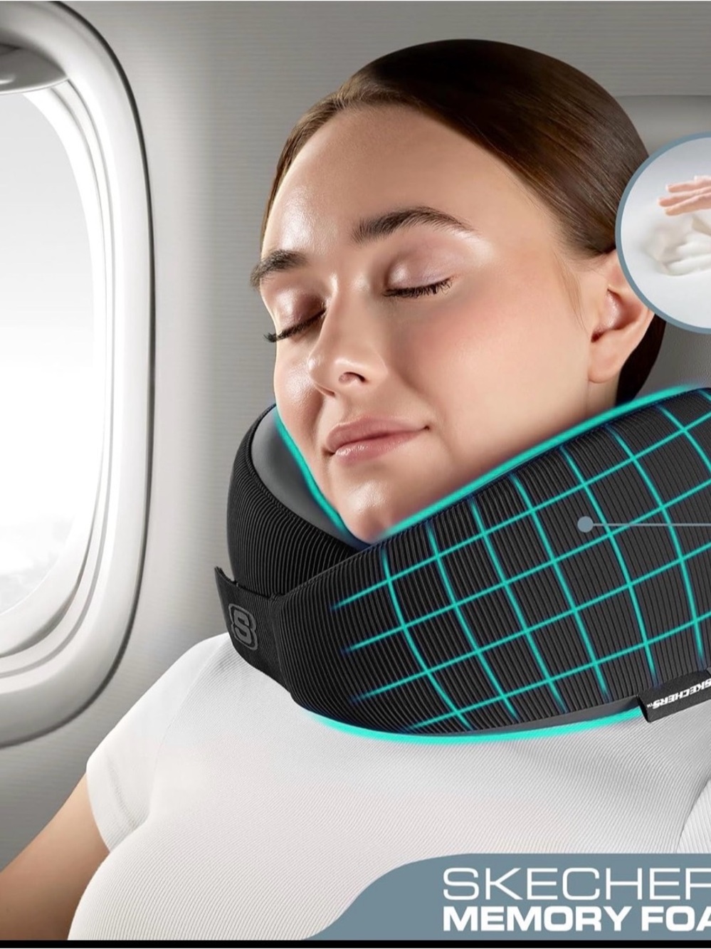 Skechers Black & Gray Ribbed Travel Memory Foam Neck Pillow